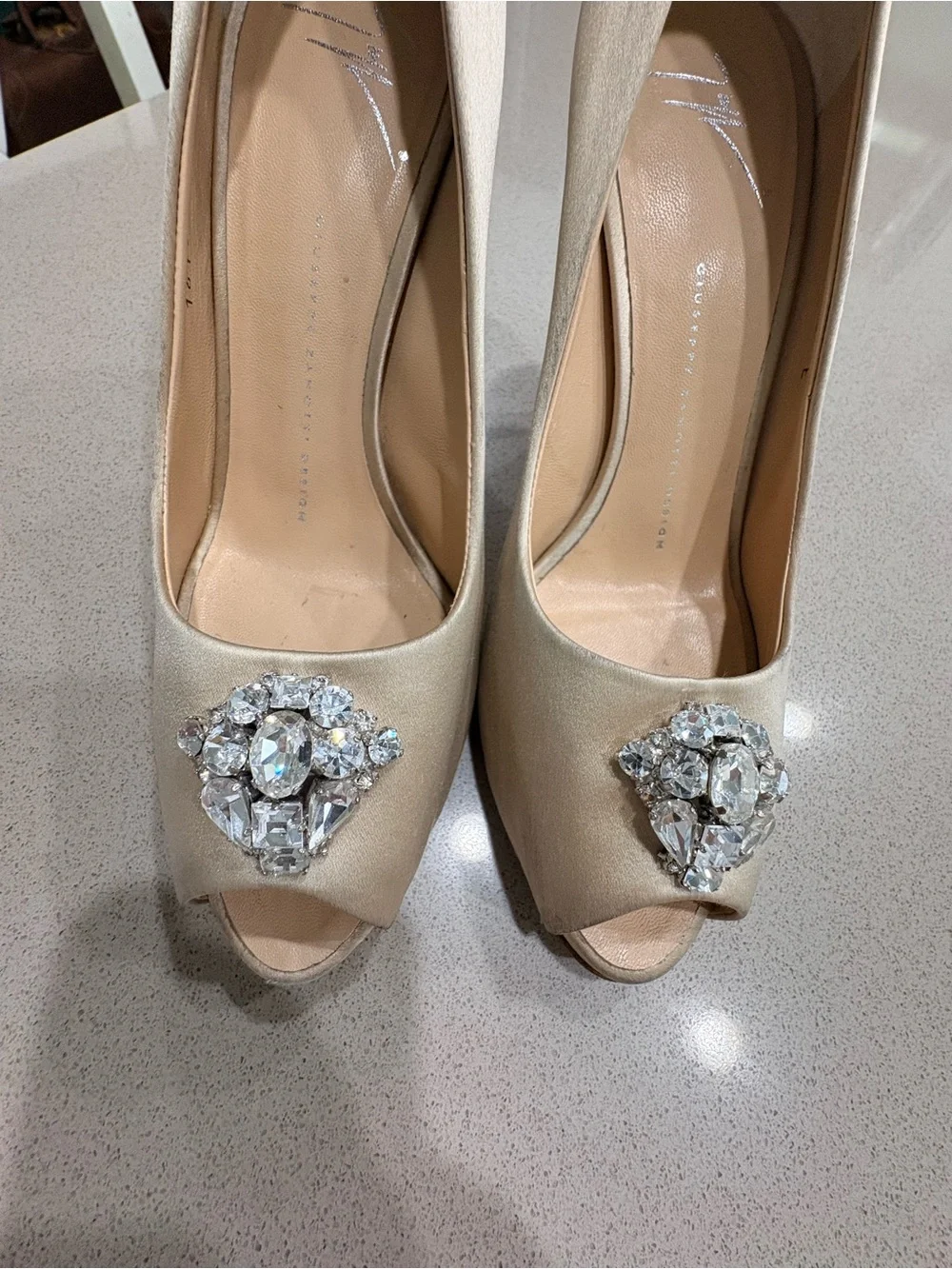 Giuseppe Zanotti beige satin peep toe pumps with Swarovski details